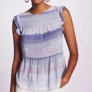 Anthropologie Cloth & Stone Blue Tie Dye Flutter Sleeve Boho Top Tiered Romantic